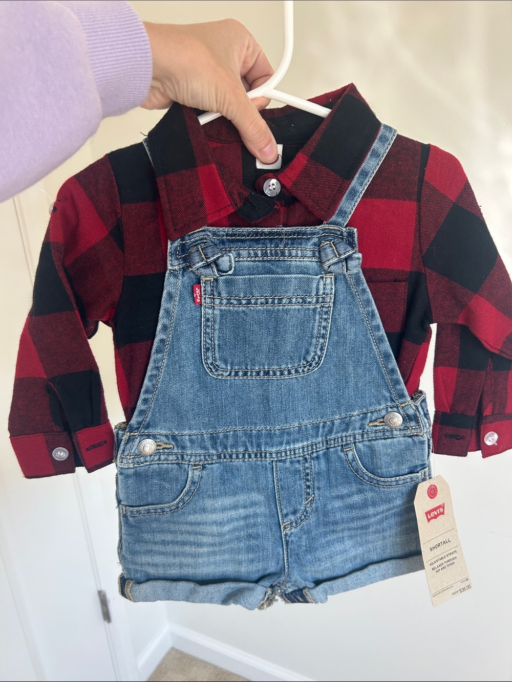Levi's Red and Black Buffalo Plaid Shirt with Blue Denim Short Overalls